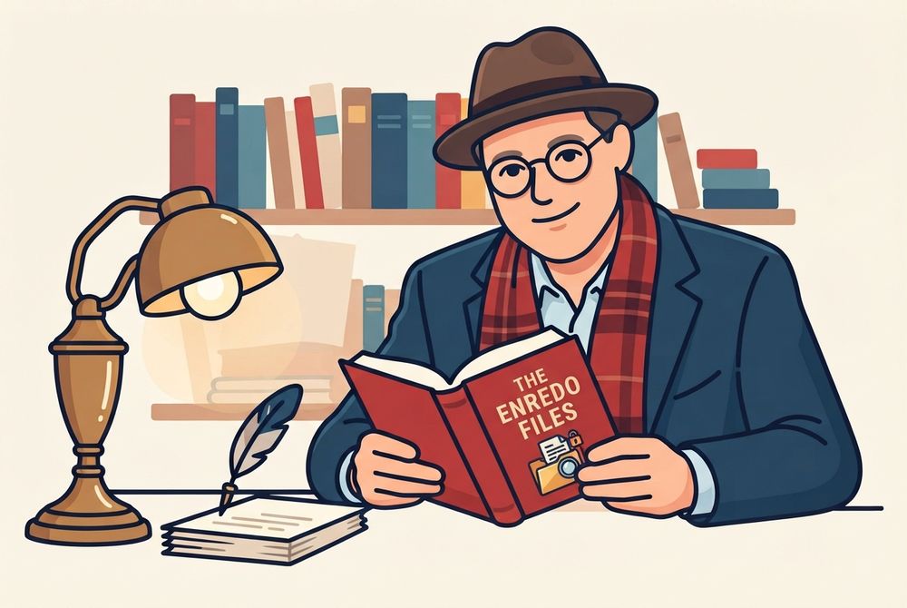 O Inspetor Enredo, de chapéu e cachecol, a ler o livro The Enredo Files ao lado de um candeeiro e de uma estante